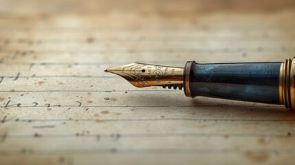 An elegant fountain pen lies atop a weathered musical score sheet, symbolizing classical music...