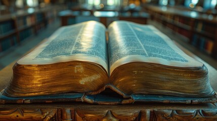 Obraz premium Vintage open book on a wooden lectern in a library setting, symbolizing learning and knowledge.