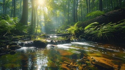 Naklejka premium A small sunlit creek meandering through a dense old-growth forest. Generative AI.