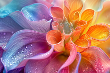 Closeup macro shot of vibrant colorful flower with water droplets on petals in natural light