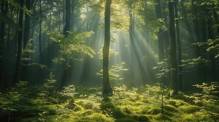 A green Forest with sunlight. Generative AI.