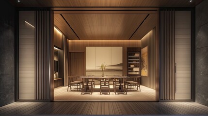 a dining room featuring a wide wooden door, showcasing gravity-defying architecture with stacks of contemporary Chinese art pieces