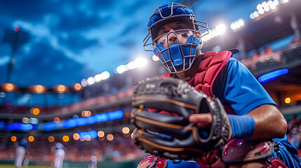 Baseball Catcher In Stance, Wearing Blue And Red Gear, Glove Ready, Stadium Lights Illuminating - obrazy, fototapety, plakaty