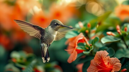 Obraz premium Hummingbird Hovering Near Orange Flowers