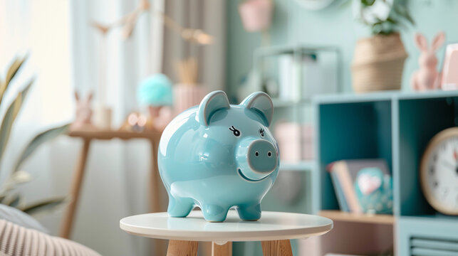Blue piggy bank against blurred child badroom or living room. Piggy Bank save money child investment concept