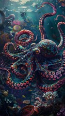 Surreal wallpaper background of an octopus deep underwater