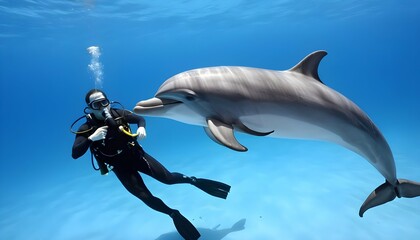 A Dolphin Swimming Alongside A Scuba Diver