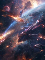 Space opera CG wallpaper showcasing an epic battle between alien creatures and astral lions across the starry expanse of the universe.