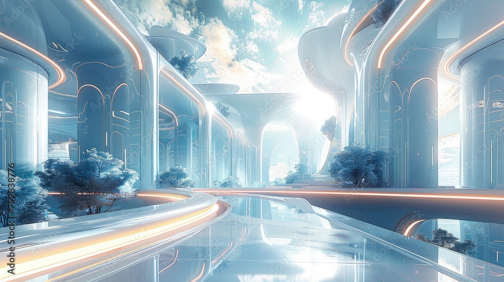 Poster a futuristic world, in which integrated with ai technology, luxury and grand feeling also have a hig
