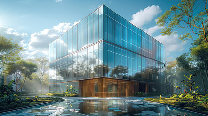 A campus building, square building with a glass curtain wall facade. Generative AI. - obrazy, fototapety, plakaty