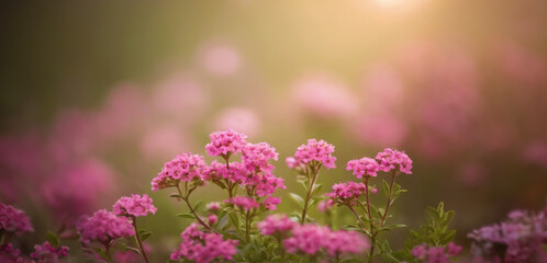 Fototapeta premium Small pink flowers on a green background. Close-up. Spring flowers on a natural background. For banner, flyer, poster, card, with copy space.