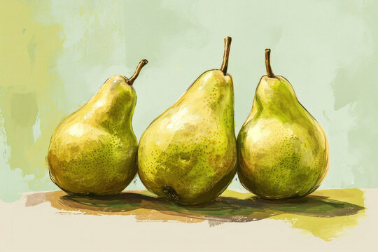 Still life with three pears on a green tablecloth in natural light