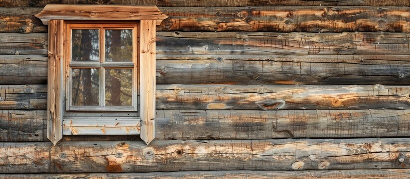 Vintage wooden window on a wall of a log house. Different perspective