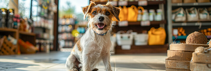 Happy dog in pet store banner, shop for pet supplies, pet shop sale, funny animal.