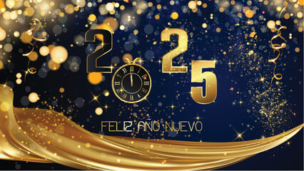 tarjeta o pancarta para desear un feliz año nuevo 2025 en dorado sobre fondo azul con purpurina y círculos en efecto bokeh, el 0 se sustituye por un reloj y debajo una cortina dorada