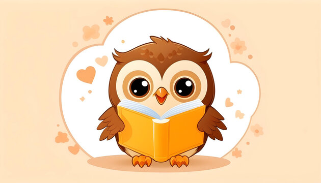A cartoon illustration of a baby owl sitting on a book with a smile on its face