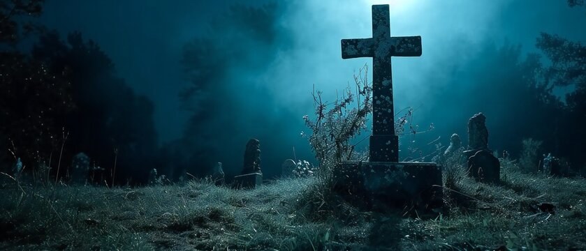 Cross under night sky in eerie graveyard setting