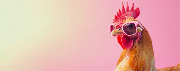 Raamstickers Chicken with glasses on pink background quirky concept © kilimanjaro 
