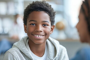 Adolescent patient, teen african american boy at hospital visit, doctor's office examination, healthcare consultation.