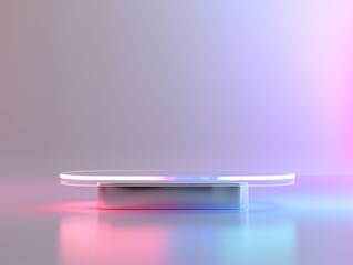 Plataforma fotografica en cristal para presentacion de productos y foto montaje. Con degradados coloridos. Render 3D en vista frontal