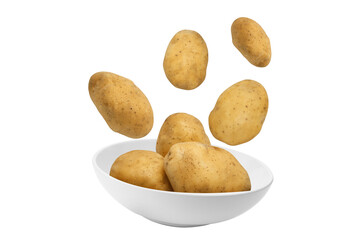 Potatoes flying over white bowl