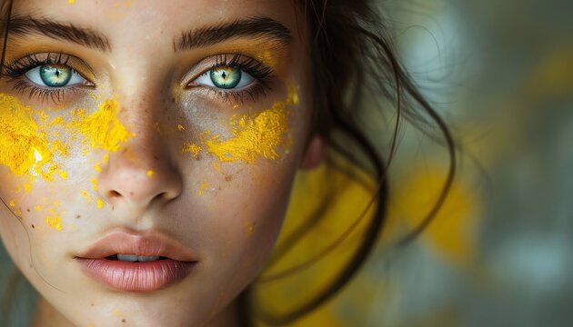 Artistic makeup with yellow paint texture and blue eyes