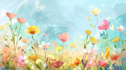 An enchanting illustration showcasing a field of stylized spring flowers with a magical, whimsical atmosphere for storytelling or decor.