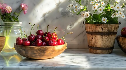 Kitchen with marble surface small bowl of cherries with bigger wooden bowl filled with strawberry flowers in bucket and glass jar - Powered by Adobe