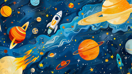 An animated and lively space scene featuring rockets exploring a galaxy filled with colorful planets and stars, ideal for children's imagination.