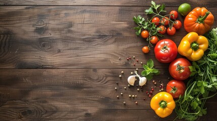 vegetables and fruits delicately arranged on the lower right corner of a wooden table, showcasing a...