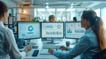 Business office setting with digital marketing professionals discussing lead generation strategies, modern technology like computers and digital displays showing graphs data analytics. Generative AI.