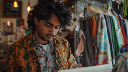 Boutique owner working on a laptop