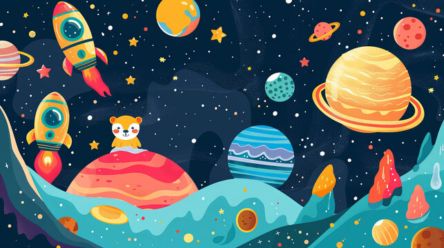A delightful cartoon space scene with adorable animal astronauts exploring a galaxy filled with colorful planets and whimsical rockets.