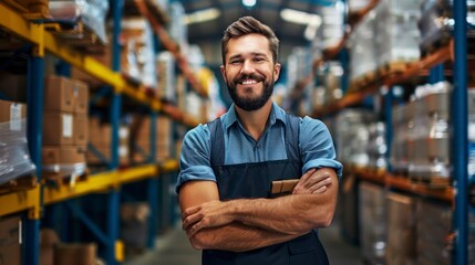 man with helmet looking at the camera working in a warehouse with boxes with good lighting in high resolution and quality