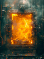 Industrial furnace at full operation showcasing intense flames and glowing metal, style cyan and yellow, cinematic tone