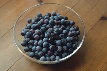 家庭菜園、庭で採れたブルーベリーの実、朝採れ、ガラスのボウルに入ったブルーベリーの山