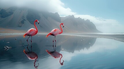 A flamingos standing on the beach with mountain reflection in the water. Generative AI.