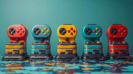 Retro joystick design evolution, displaying various models from classic to modern gaming, style cyan and yellow, cinematic tone