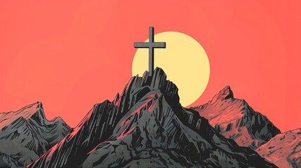 A cross stands atop a mountain under a sunset or sunrise
