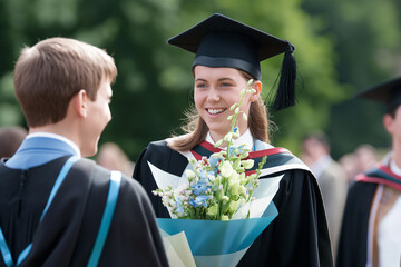 Happy British Female Graduate with Flowers, Conversing with Fellow Graduates, University Ceremony Background