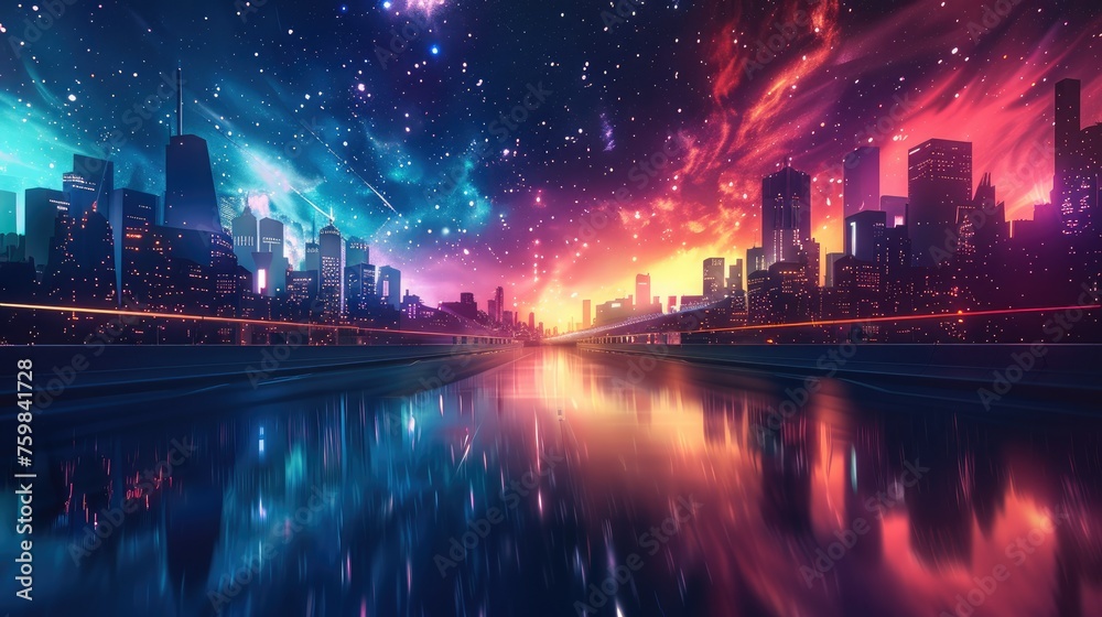 Poster a colorful futuristic space city with stars in a dark sky. generative ai.