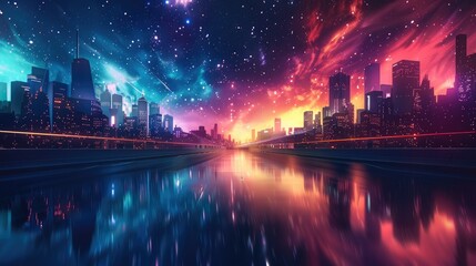 Fototapeta na wymiar A colorful futuristic space city with stars in a dark sky. Generative AI.