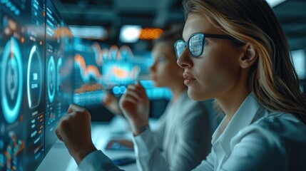 Business strategists in a virtual workshop, interactive digital board displaying data analytics, focused expressions of analysis and strategy planning. Generative AI.