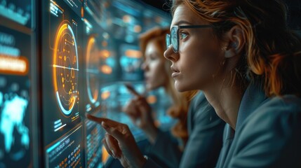 Business strategists in a virtual workshop, interactive digital board displaying data analytics, focused expressions of analysis and strategy planning. Generative AI.