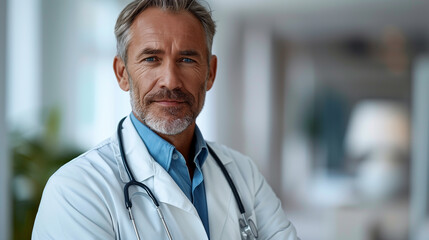 Middle-aged grey haired doctor wearing a white coat looking at the camera. Copy space