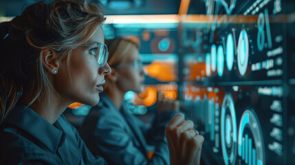 Business strategists in a virtual workshop, interactive digital board displaying data analytics, focused expressions of analysis and strategy planning. Generative AI.