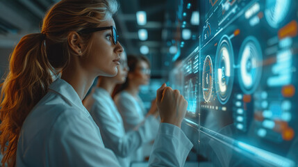 Business strategists in a virtual workshop, interactive digital board displaying data analytics, focused expressions of analysis and strategy planning. Generative AI.