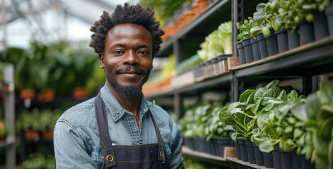 Black male farm owner at an indoor vertical farm with hydroponic system. Generative AI.
