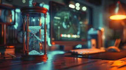 Blue hourglass on desk symbolizing time and deadlines - obrazy, fototapety, plakaty