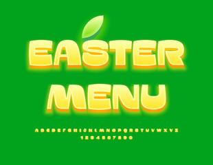 Naklejka premium Vector cute flyer Easter Menu. Sunny Yellow Font. Creative Alphabet Letters and Numbers set.